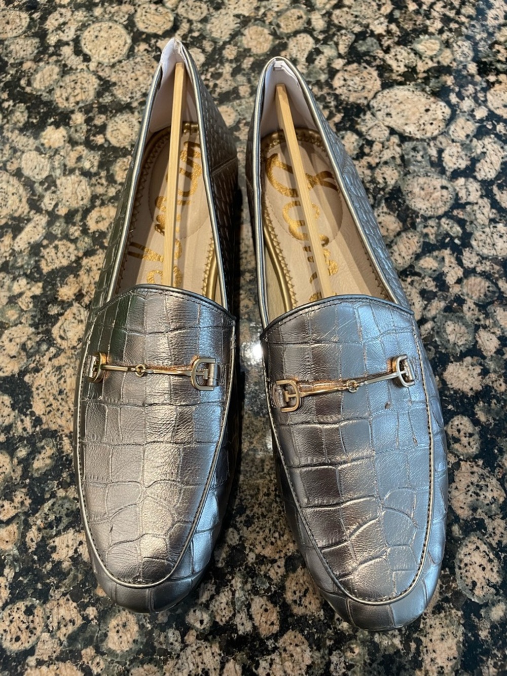 Sam Edelman Pewter Croc-Embossed Loafers